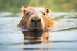 © สุพัฒตรา แสนพลี - A capybara swimming gracefully in a calm pond, with its head above water and ripples radiating around it. The serene expression on its face conveys a sense of tranquility and enjoyment