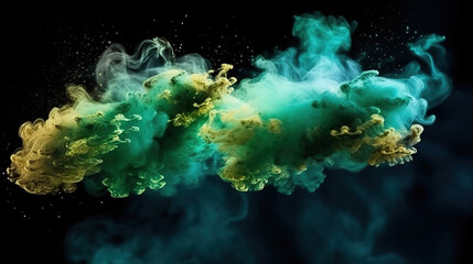 Wall Mural - eye catching blue and green colored powder explosions on black background