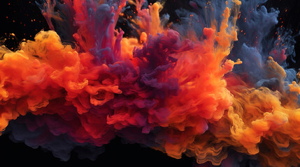 Wall Mural - gorgeous red color liquid floating golden blue glitter mist cloud on dark black background