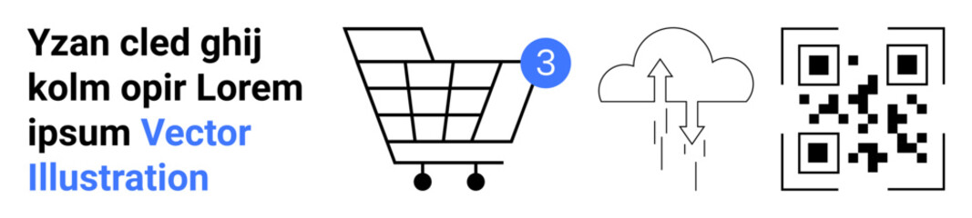 Shopping cart with notification badge, cloud with upload arrows, and QR code for modern e-commerce. Ideal for online shopping, cloud services, QR technology, marketing, notifications, retail, digital
