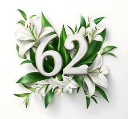 Wall Mural - silver 62 number surrounded by white lilies and lush green leaves, symbolizing elegance, purity, and celebration, perfect for anniversaries, birthdays, and decorative events