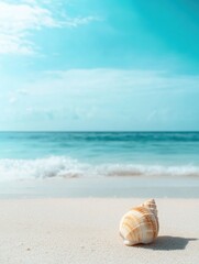 Fototapete - A tranquil sandy beach features a solitary seashell lying on the shore, as gentle waves lap at the sand under a vibrant sky. Generative AI