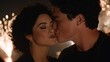 © gundo850 - Romantic Couple Sharing a Kiss Against a Sparkling Fireworks Background During a Night Celebration, Capturing Intimate Moments of Love and Joy