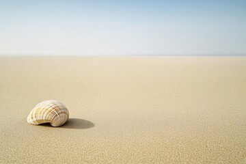 Poster - A delicate seashell sits on warm sand, reflecting the peaceful ambiance of a sunny day by the beach, inviting relaxation and contemplation. Generative AI