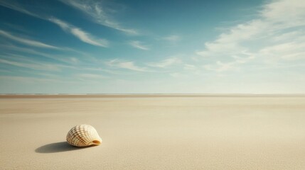 Fototapete - A single seashell lies on a smooth sandy beach, surrounded by endless space and a serene sky, creating a peaceful atmosphere. Generative AI