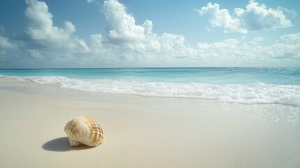 Poster - Soft ocean waves lap at the shore while a solitary seashell rests on a peaceful sandy beach beneath a bright blue sky. Generative AI