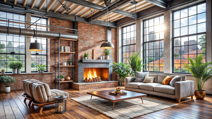 Wall Mural - interior, style, loft, living room with fireplace