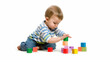 © Tingting - Young child meticulously stacking brightly colored wooden blocks, showcasing fine motor skills development and focus on simple pattern arrangement.
