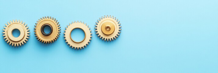 Fototapete - A close-up of mechanical gears alongside a microprocessor on a vibrant blue background, showcasing elements of engineering design and technology. Generative AI