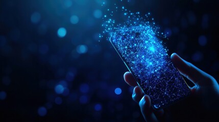 Wall Mural - A smartphone emitting digital particles on a dark background, symbolizing innovation.
