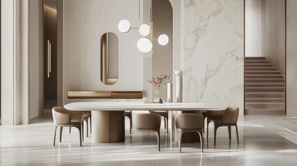 Wall Mural - An elegant and refined dining room design boasting a pure white canvas backdrop, Tastefully arranged minimalist dining furniture, Luxury minimalist style