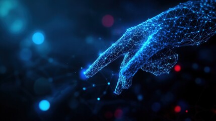 Wall Mural - Futuristic digital hand in glowing blue points on a dark background.