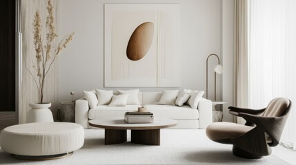 Wall Mural - An elegant and refined living room design showcasing a white canvas backdrop, Thoughtfully curated minimalist furniture, Luxurious minimalist style