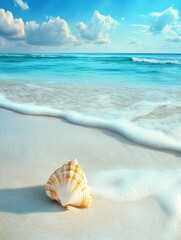 Poster - A beautiful sandy beach features a single seashell nestled by the shoreline, touched by gentle waves and a clear blue sky. Generative AI