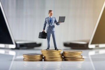 Poster - A miniature businessman stands on a stack of coins  holding a laptop and briefcase.