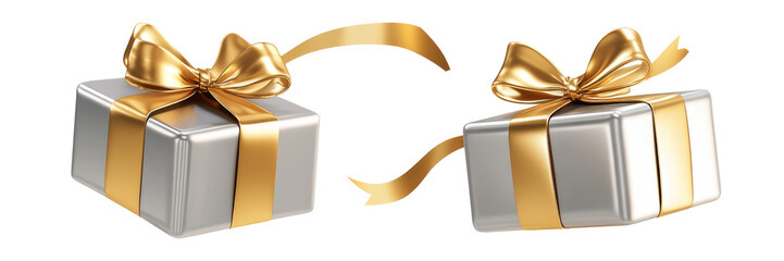 Canvas Print - two silver gift box with gold ribbon 3d render icon isolated on transparent background cutout