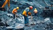 © Peerarut - A close-up of mining workers and geologists inspecting rock formations with geological tools and safety equipment, representing the integration of geology and safety in modern mining practices