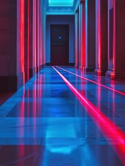 Poster - A corridor bathed in red laser beams creates a captivating ambiance, showcasing a striking interplay of light and shadow. Generative AI