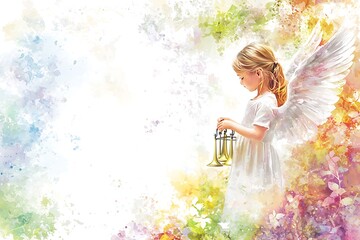 Sticker - Angelic Girl with Trumpet in a Whimsical Watercolor Landscape.