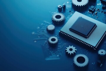 Fototapete - Gears encircle a microprocessor on a blue circuit board, highlighting the complexity and elegance of modern technology. Generative AI