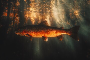 Canvas Print - A Salmon Glows with Sunlight Under the Water.