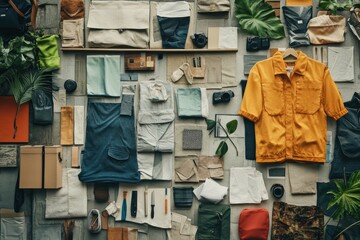 Aufkleber - A vibrant arrangement highlights various recycled and upcycled fashion items, including bags, clothes, and accessories, emphasizing sustainability. Generative AI