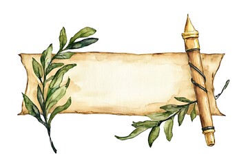 Wall Mural - Watercolor Parchment Banner with Quill Pen and Greenery.