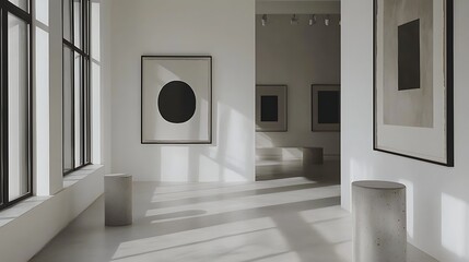 Wall Mural - modern art gallery interior with abstract paintings and natural light creating a minimalist atmosphe