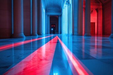 Poster - Red laser beams cross the marble floor of a grand hall, reflecting on elegant columns, creating a striking and secure ambiance at night. Generative AI
