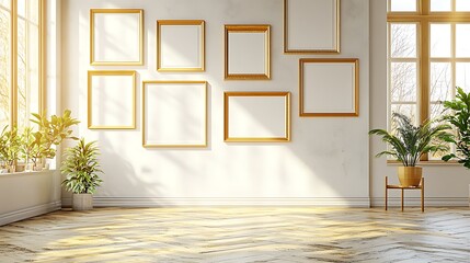 Wall Mural - bright and airy room with empty gold frames and natural light streaming through large windows, perfe