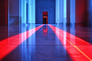 Poster - Bright red laser beams slice through a dimly lit corridor, casting intriguing shadows in a modern architectural setting at night. Generative AI