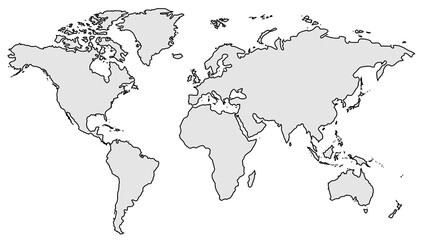 Poster - World map showing continents outlined inwith grey fill, isolated on a white background. Clean and simple layout design concept for templates