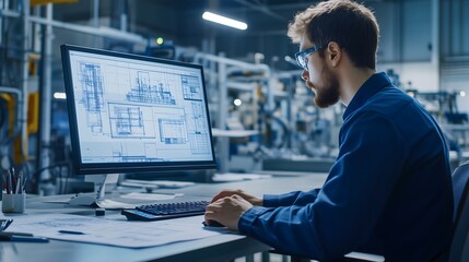 male engineer working on cad design in manufacturing facility. horizontal. engineering firm, industr