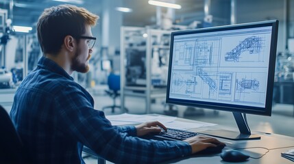 male engineer working on cad design in manufacturing facility. horizontal. engineering firm, industr