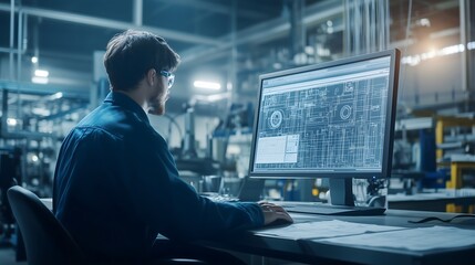 male engineer working on cad design in manufacturing facility. horizontal. engineering firm, industr