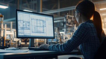 male engineer working on cad design in manufacturing facility. horizontal. engineering firm, industr