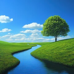 Wall Mural - A single tree stands tall on a grassy hillside, overlooking a winding stream beneath a bright blue sky.