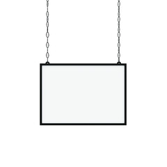 Poster - Blank rectangular sign with aframe hanging by chains. Clean white background. Suitable for signage, mockups, or display templates. 3D Rendering
