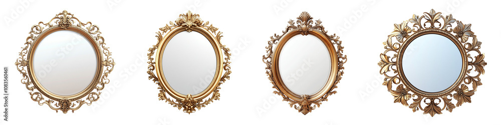 Antique round gold picture mirror frame isolated on transparent ...