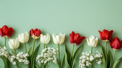 Wall Mural - Vibrant Arrangement of Red and White Tulips with Delicate Baby's Breath on a Soft Green Background for Spring or Summer Decor Inspiration