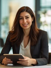 Wall Mural - Happy mature 35 years old business woman using tablet for communication, networking and client feedback in office. Corporate lawyer, advocate and technology in law firm for conversation.