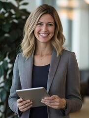 Wall Mural - Happy mature 35 years old business woman using tablet for communication, networking and client feedback in office. Corporate lawyer, advocate and technology in law firm for conversation.