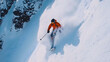 © Daily Stock - A professional skier navigating down a steep slope, cutting through the powder snow, while wearing vibrant winter gear and sporting a helmet for safety.
