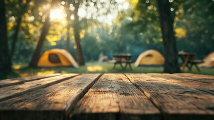 Wall Mural - Tranquil Camping Scene with Wooden Table in Foreground and Tents Surrounded by Lush Green Trees and Soft Morning Light Filtering Through Nature