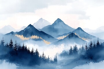 Wall Mural - Serene Blue Mountain Landscape A Watercolor Painting of Majestic Peaks and Misty Forest.  This digital art piece evokes a sense of tranquility and wonder.