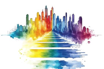 Sticker - Vibrant Watercolor Cityscape Rainbow Skyline with Abstract Steps Leading to the Urban Horizon.  This artistic illustration showcases a colorful city skyline rendered in a dynamic watercolor style.