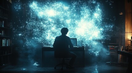 Aufkleber - Silhouetted Figure Working at a Desk in a Dark Room with a Glowing Abstract Background