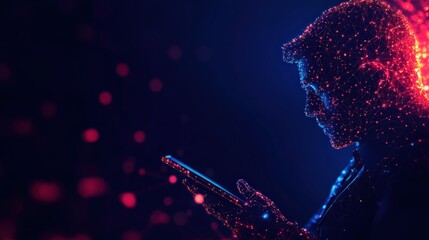 Wall Mural - Silhouette of a person using a tablet in a digital, holographic environment.