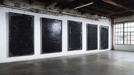 Wall Mural - minimalist art exhibition featuring large black canvas paintings in industrial space with natural li