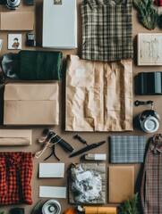 Aufkleber - A variety of recycled and upcycled materials are neatly arranged on a table, showcasing creativity and sustainability during a crafting session. Generative AI